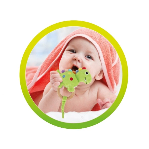 Baby Skallra med Träbitring – Dinosaurie